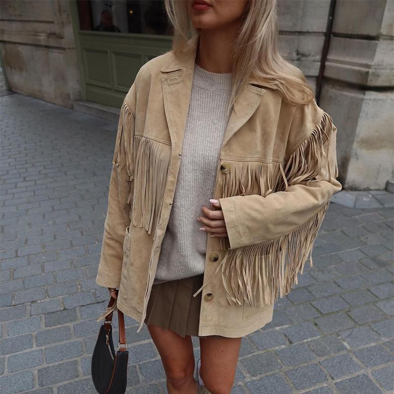 Manteau Trench Élégant Marron avec Détails en Frange au Col