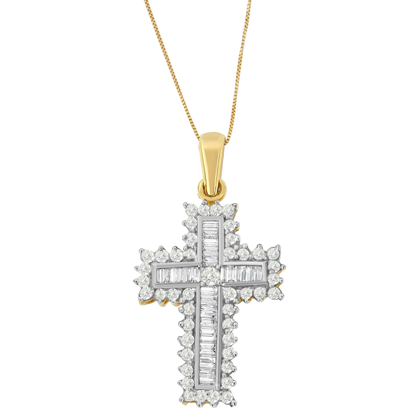 Collar con colgante de cruz de diamantes de múltiples filas en oro amarillo de 14 quilates