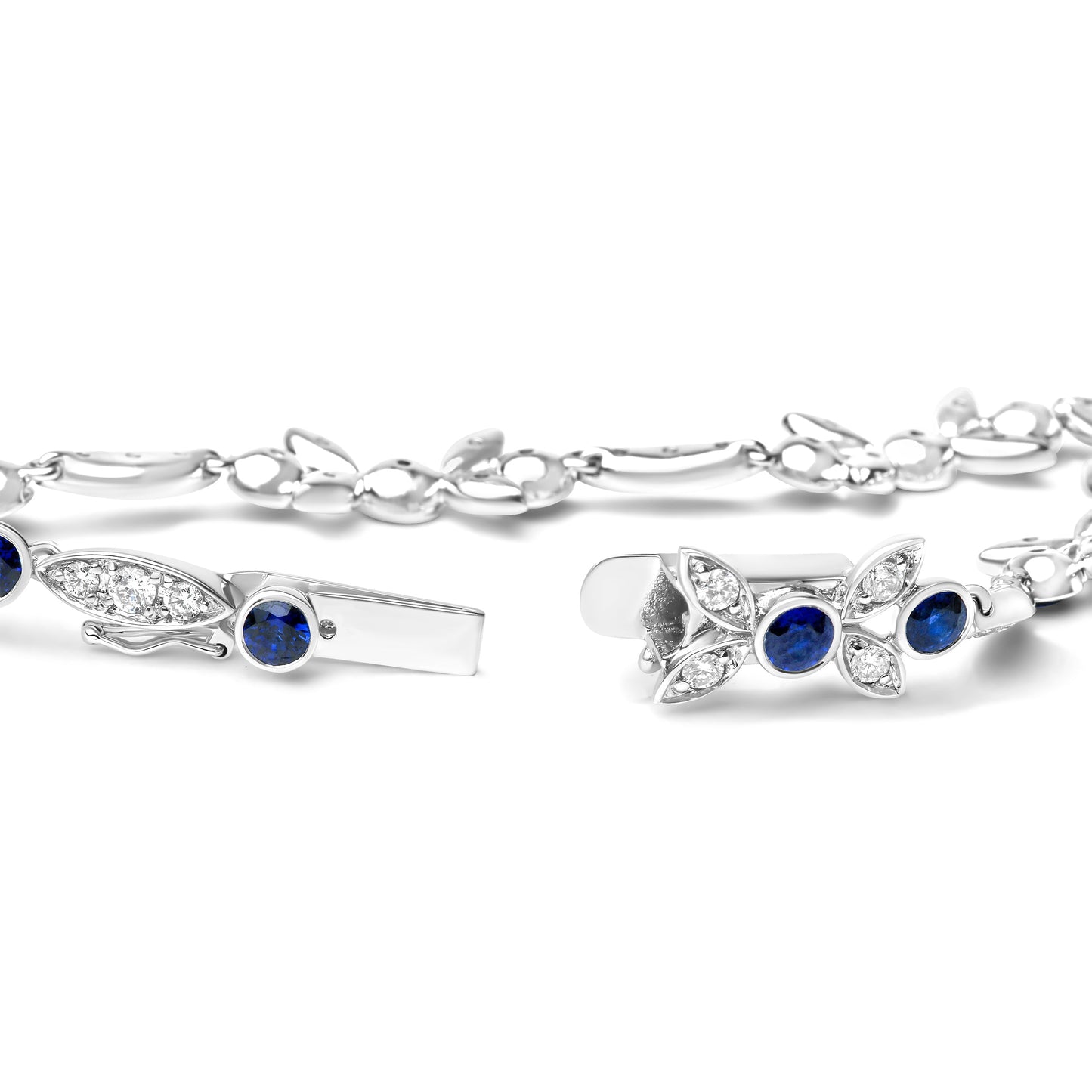 18K White Gold Diamond & Blue Sapphire Floral Link Bracelet - Size 7"