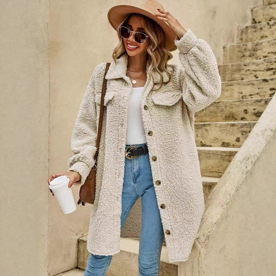 Manteau en fausse fourrure à capuche mi-long en peluche ours pour femmes