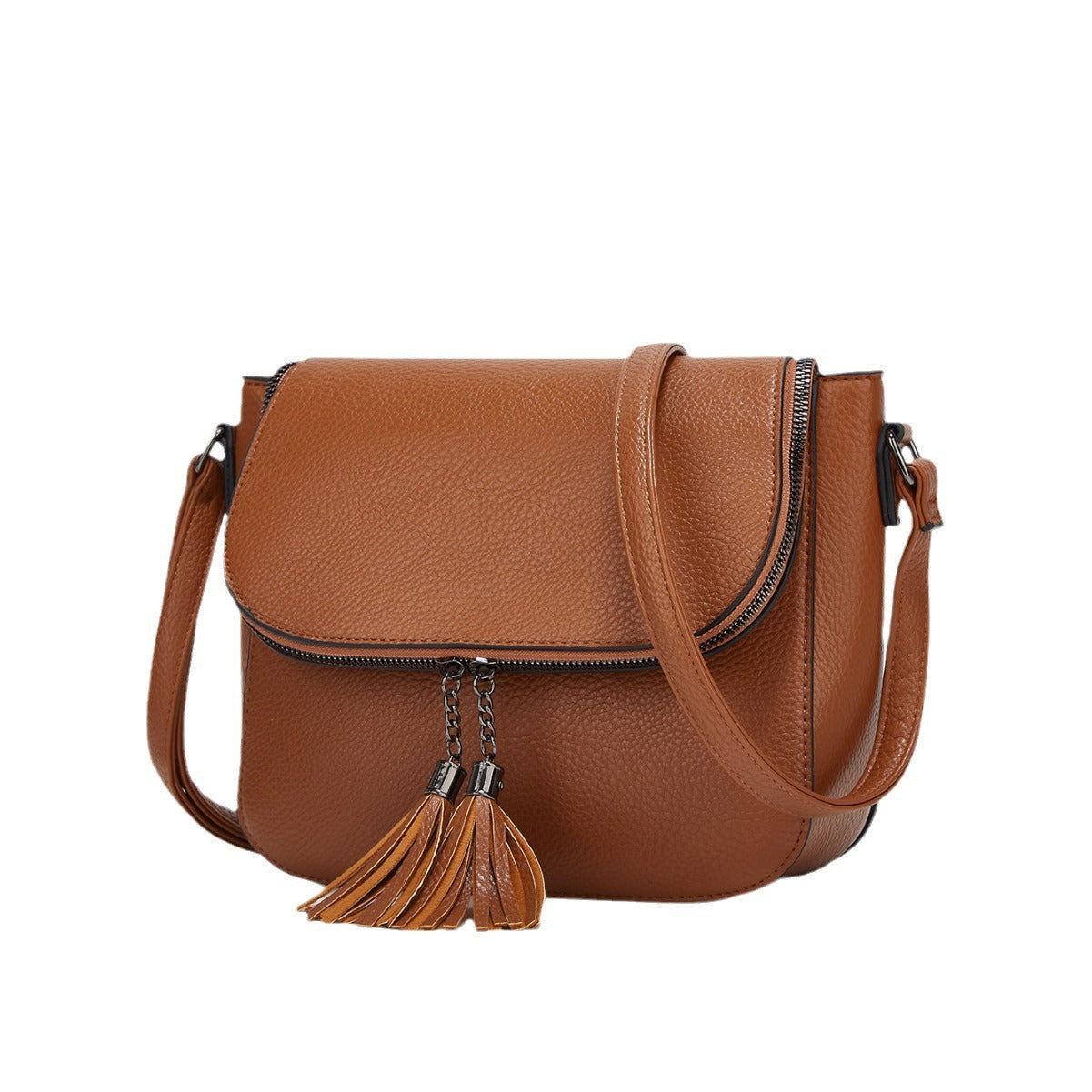 Fashionable Flip-Top Saddle Bag with Tassels