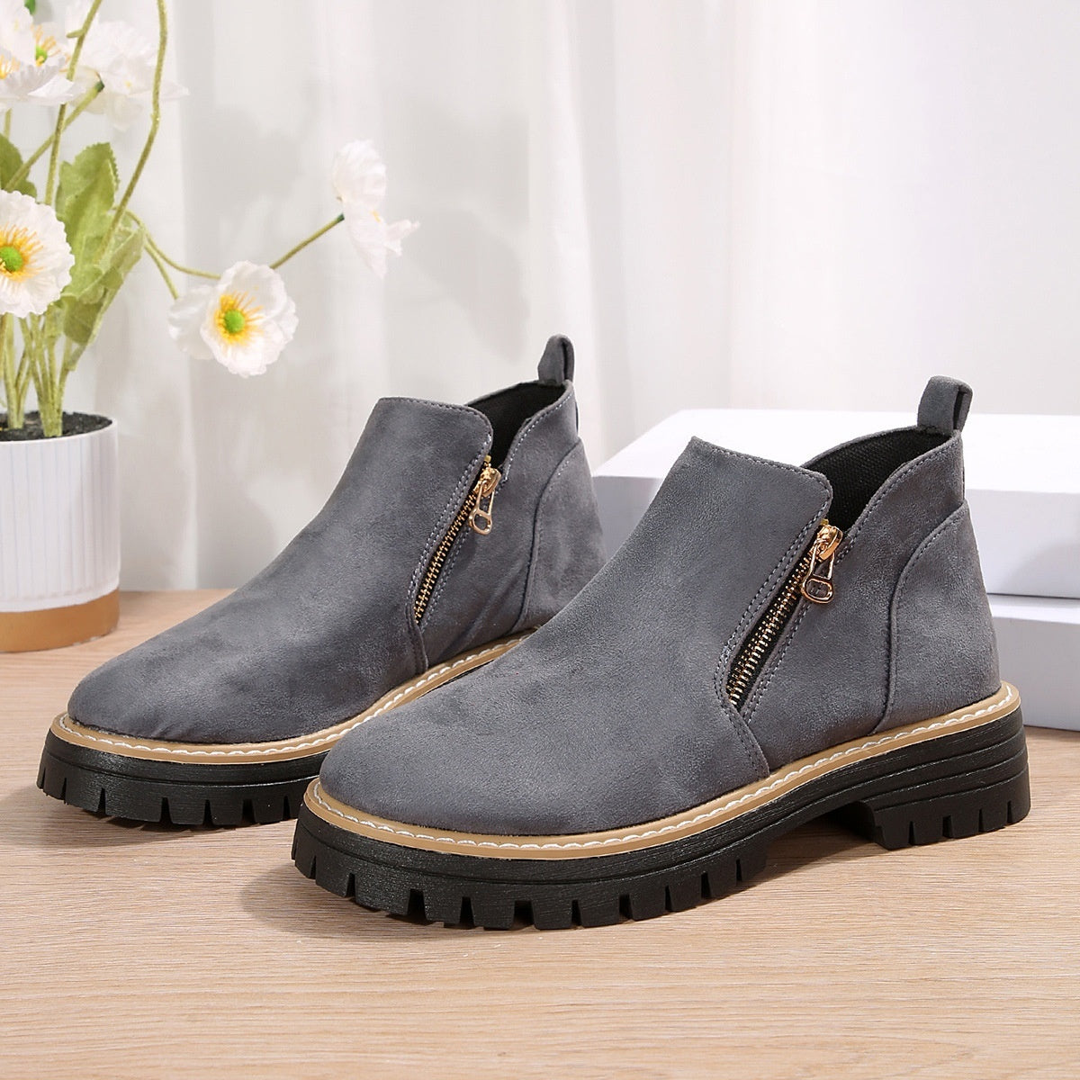 Botas de Tobillo de Ante Chic con Cremallera Lateral para Mujeres