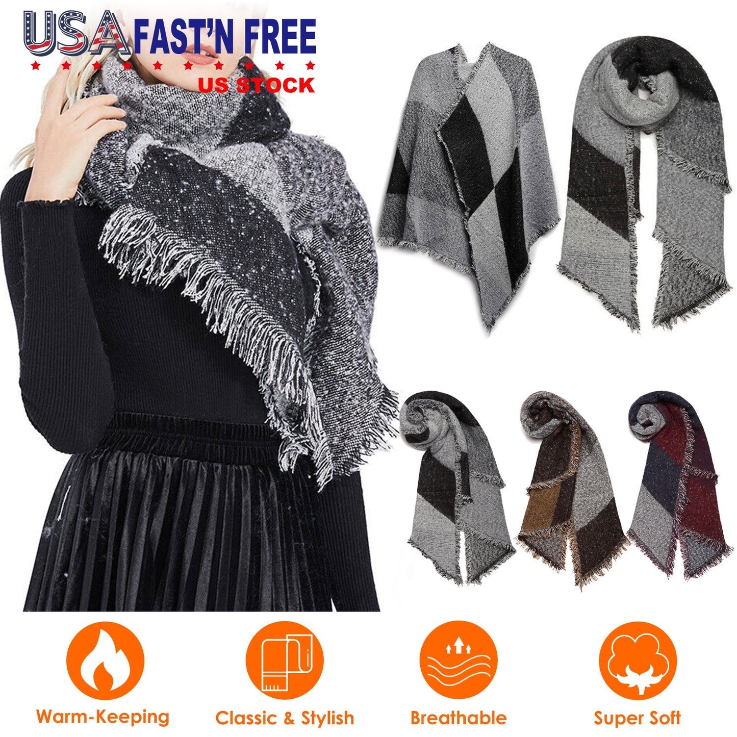 Women Winter Warm Scarf - Extra Thick Plaid Blanket Wrap