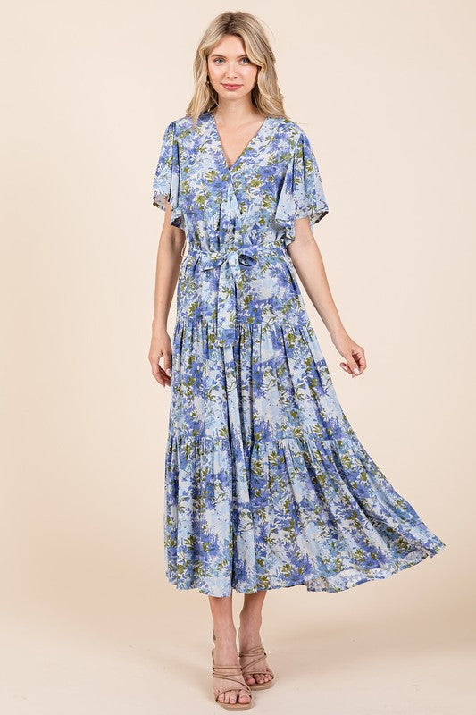 Floral Tie Waist Flutter Sleeve Tiered Dress for Women