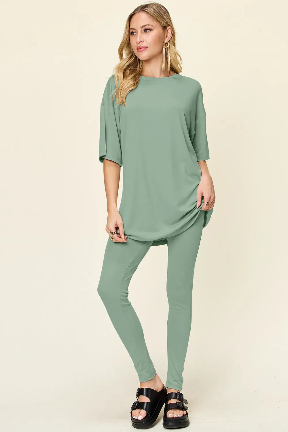 Double Take Full Size Round Neck T-Shirt and Leggings Set