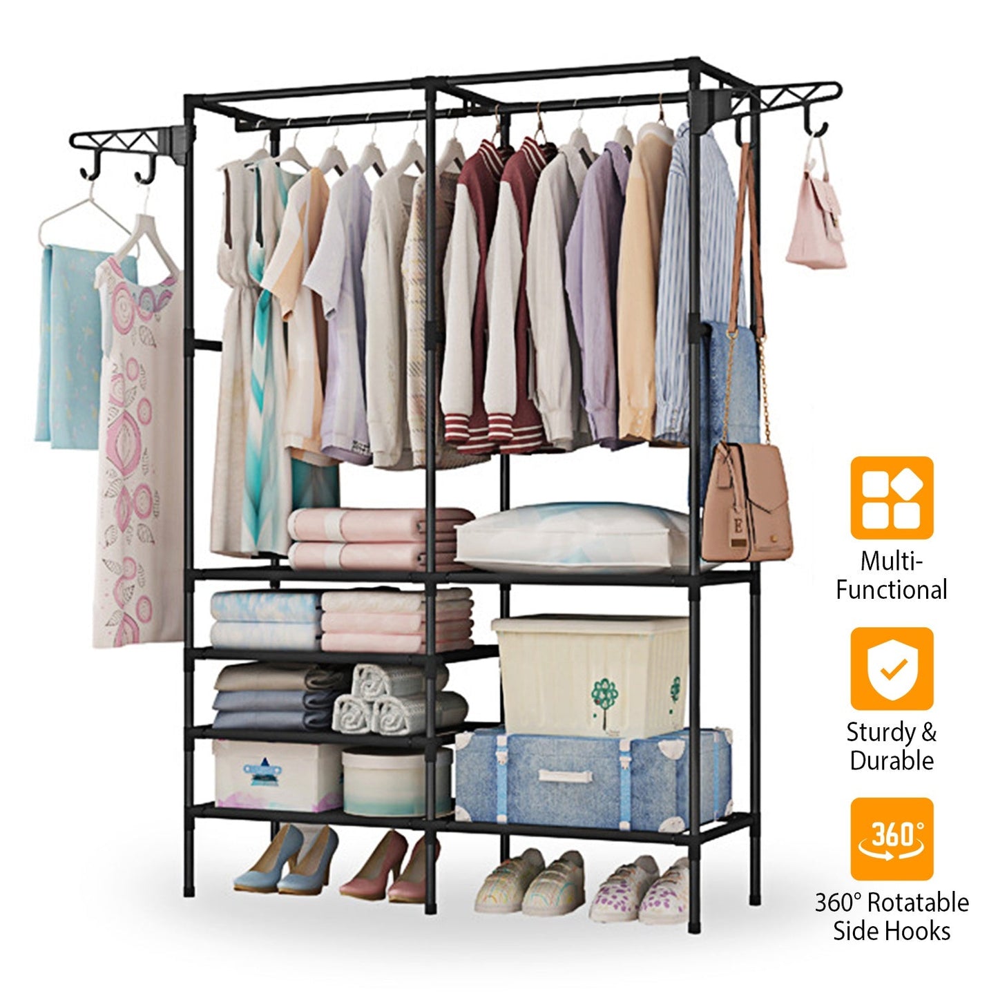 Freestanding Metal Garment Rack with Shelves and Hooks