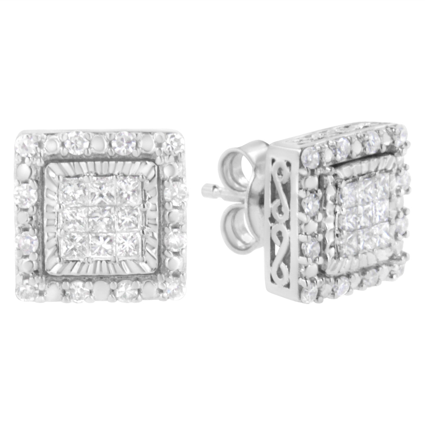 Boucles d'oreilles en diamant taille princesse en or blanc 10K avec sertissage invisible