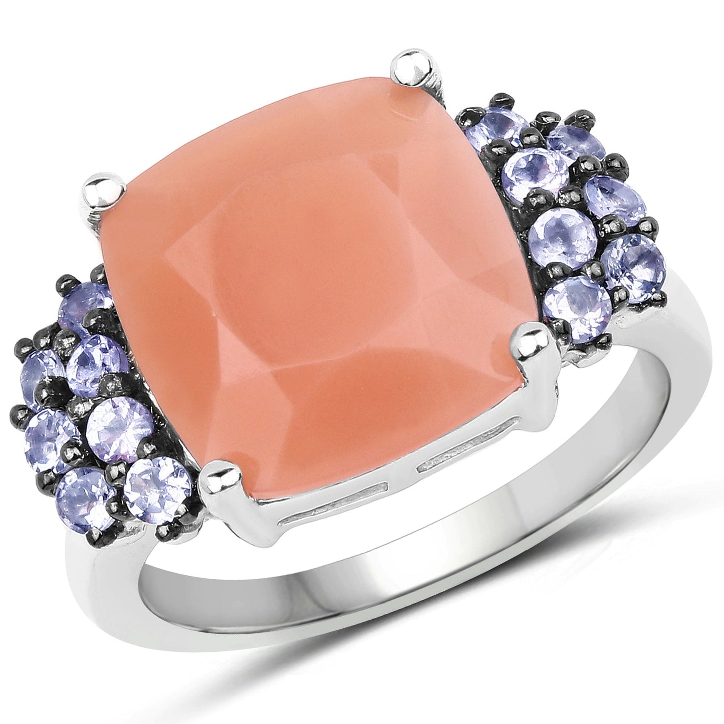 Anillo de Plata Esterlina con Piedra de Luna Durazno y Tanzanita de 6.18 Quilates
