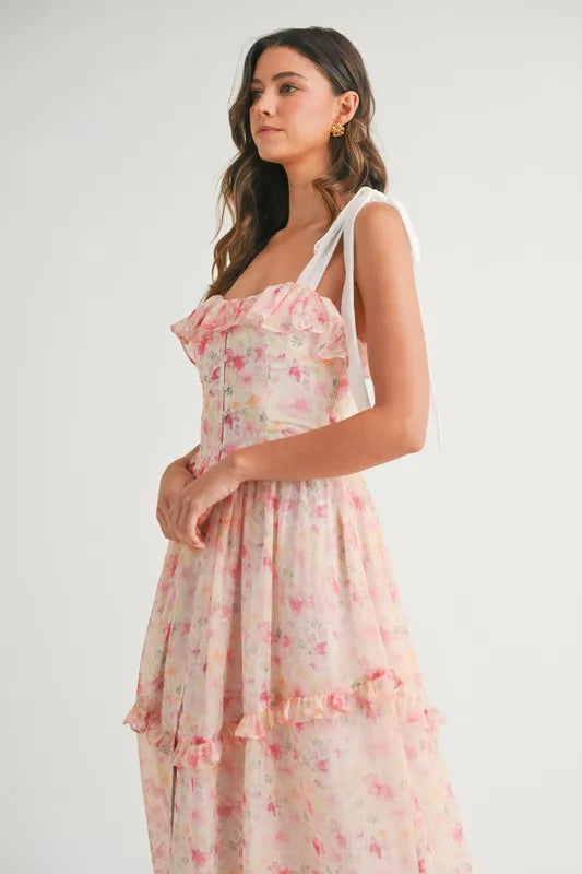 Robe Midi Imprimée Florale Élégante avec Bretelles