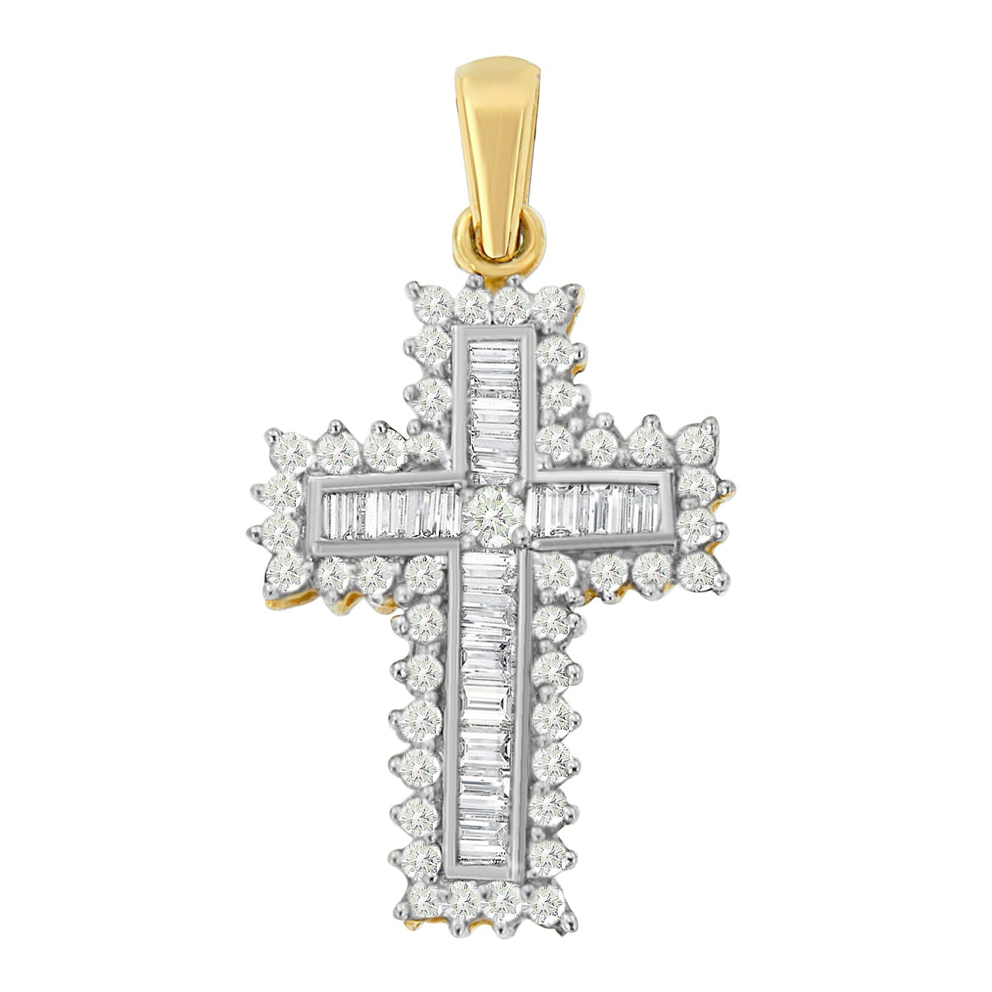 Collar con colgante de cruz de diamantes de múltiples filas en oro amarillo de 14 quilates