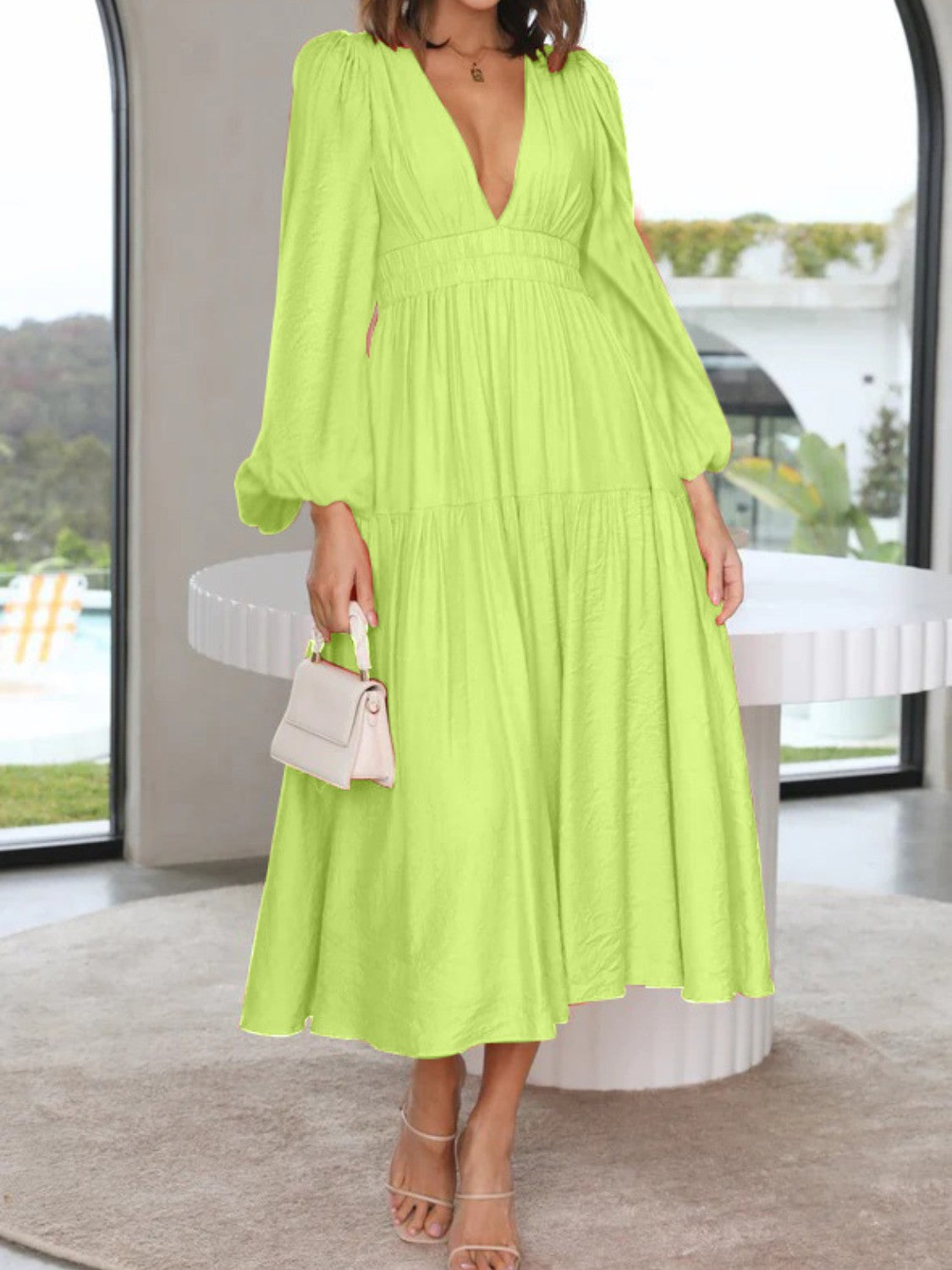 Elegant Lightweight Deep V-Neck Balloon Sleeve Maxi Dress