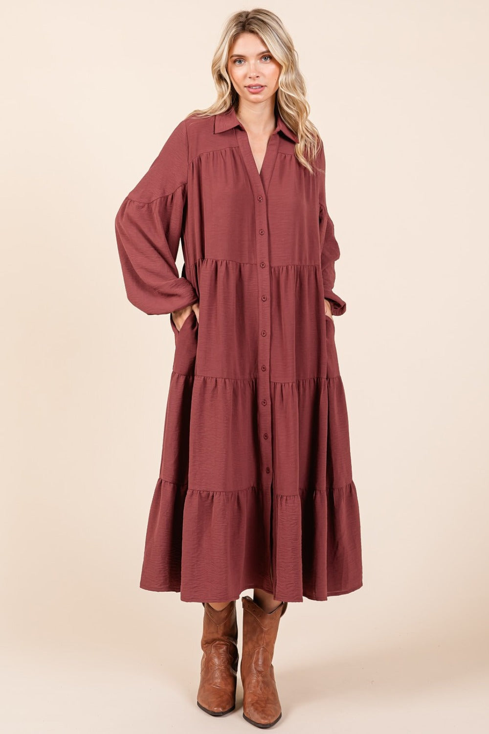 Vestido Midi de Manga Larga con Botones en Capas Elegante para Mujeres