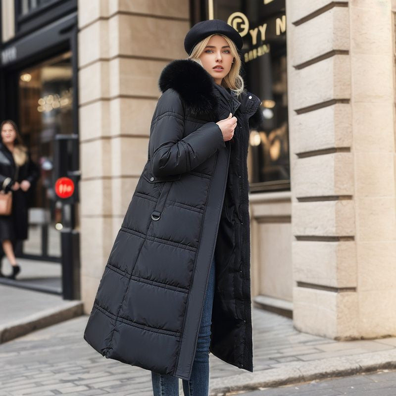 Winter Slim Long Jacket with Fur Hood for Women
