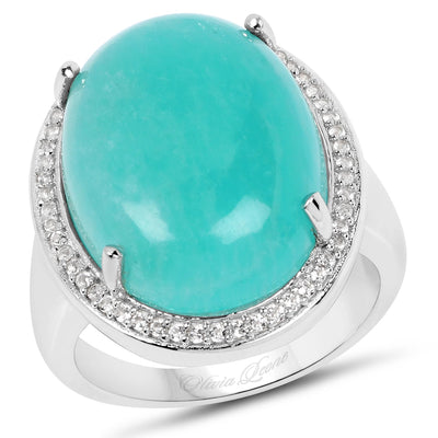 15.09 Carat Genuine Amazonite and White Topaz Sterling Silver Ring