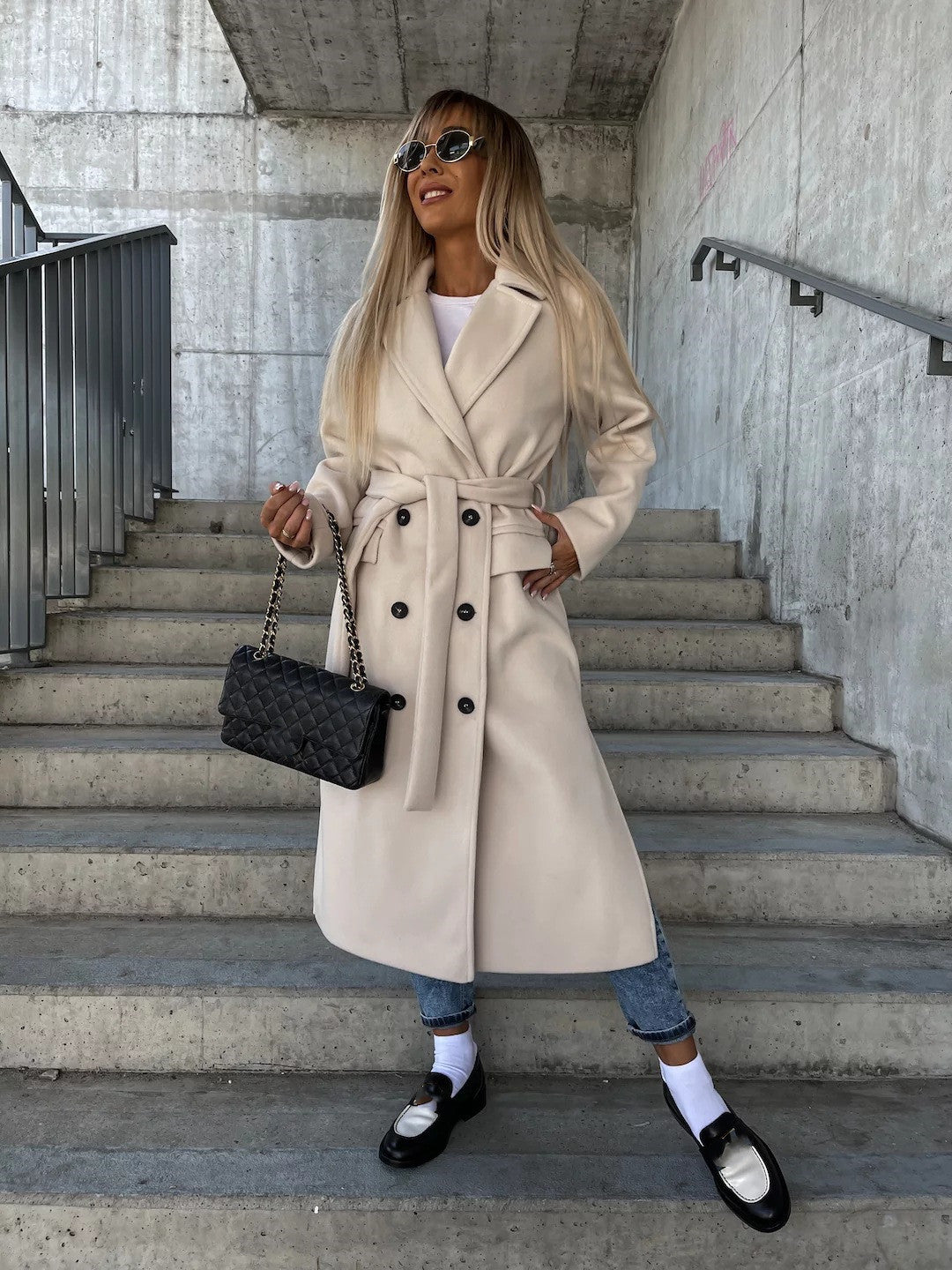 Double-Breasted Lapel Split Jacket with Belt for Women