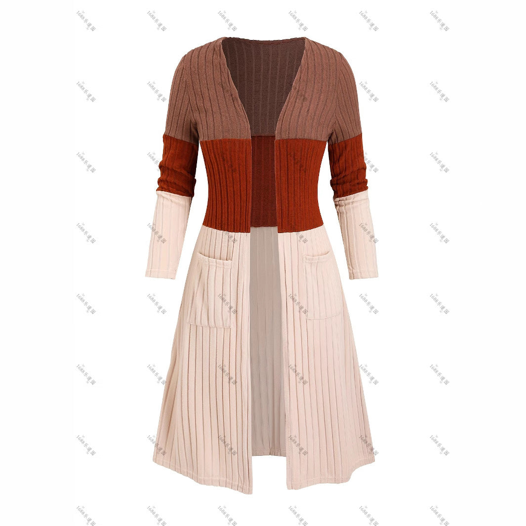 Womens Plus-Size Casual Contrasting Color Long-Sleeve Cardigan