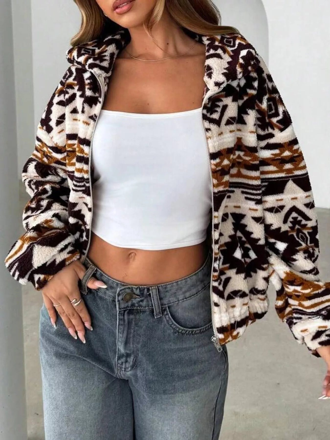Chaqueta de Forro Polar Geométrica con Cremallera