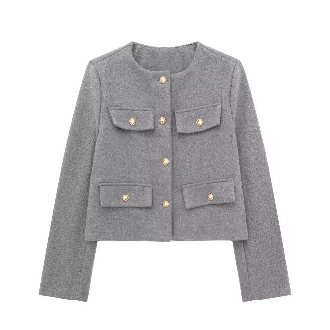 Veste Croppée Chic Décorée de Poches
