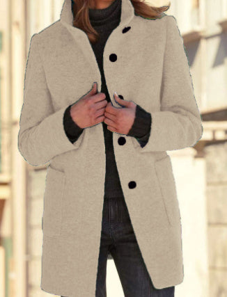 Manteau en Laine à Col Montant avec Poches pour Femmes