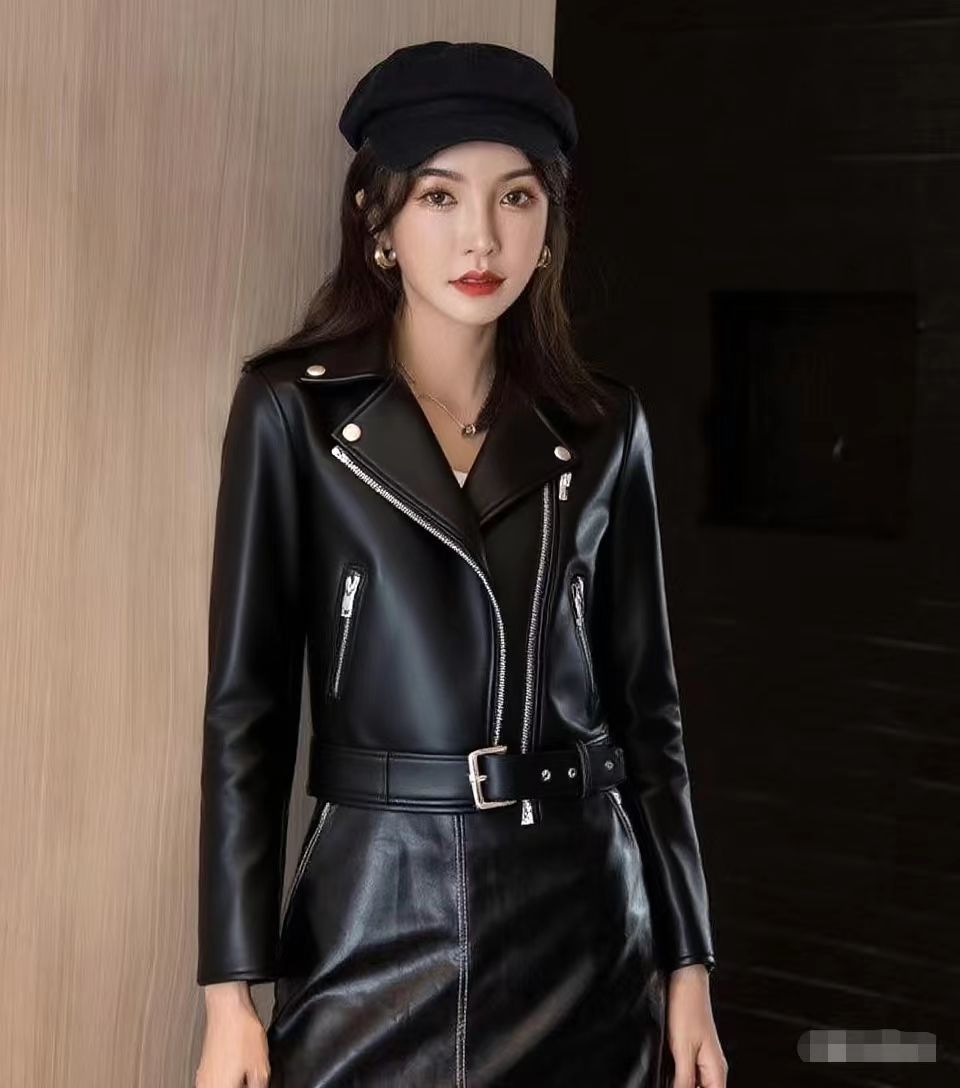 Women's Slim-Fit Leather Jacket - Fashionable Outerwear