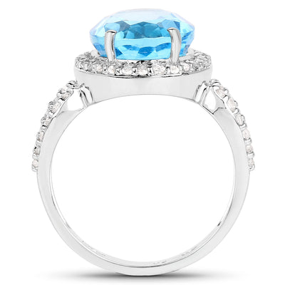 Bague en argent sterling avec topaze bleue suisse de 6,03 carats et topaze blanche