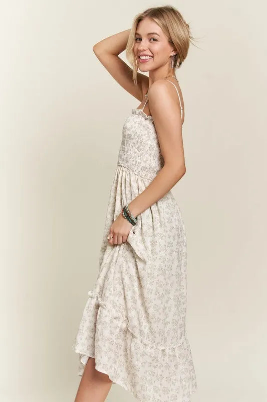 Boho-Inspired Smocked Floral Ruffled Hem Cami Dress