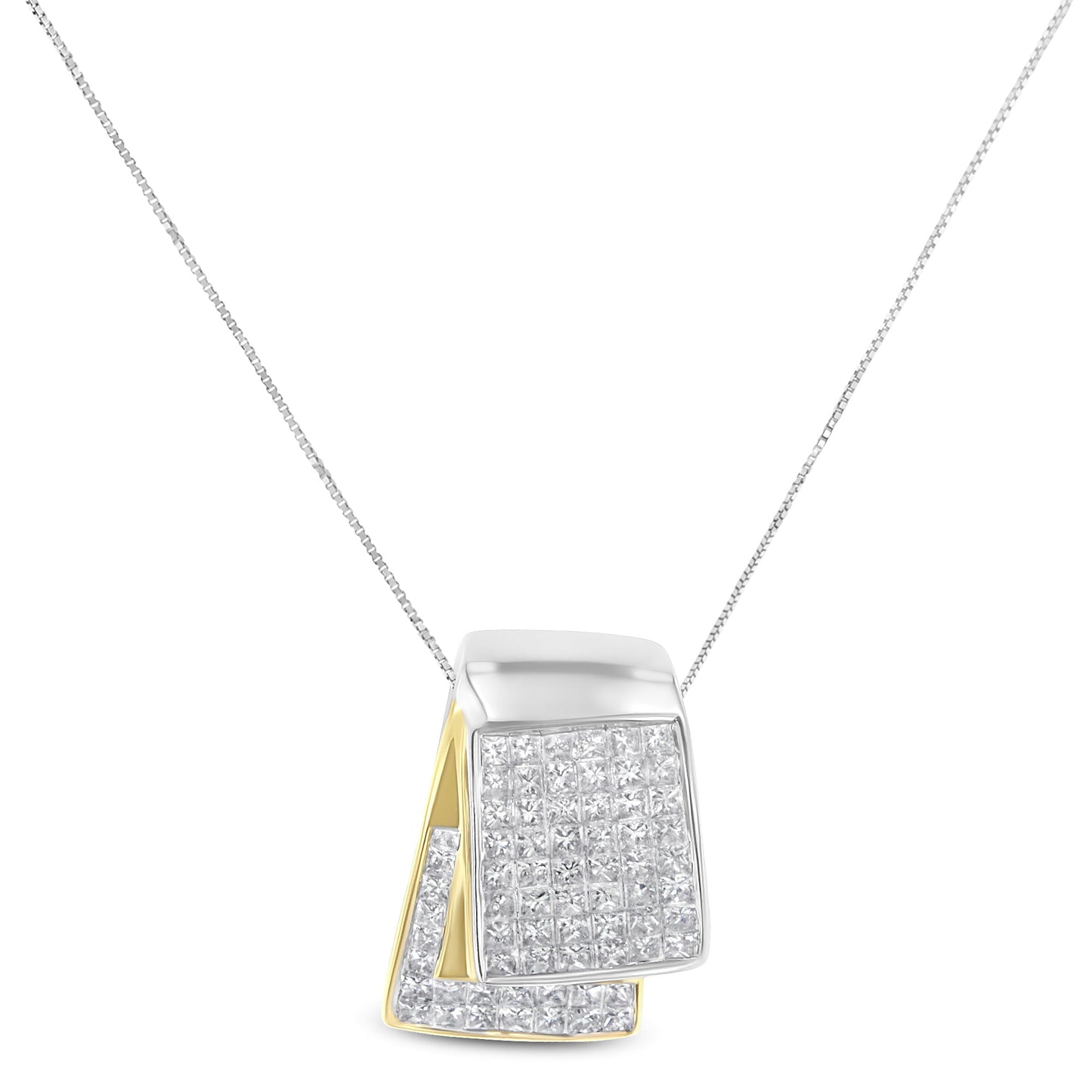14K Two Tone Diamond Box Pendant Necklace - 2.0 Cttw