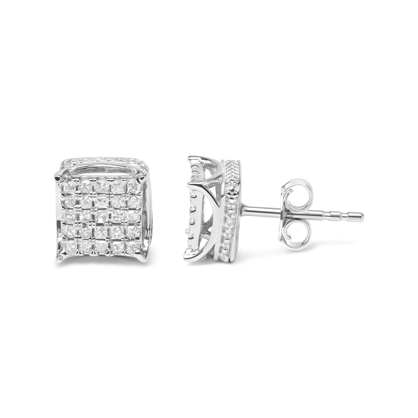 10K White Gold Princess Cut Diamond Multi Stone Stud Earrings