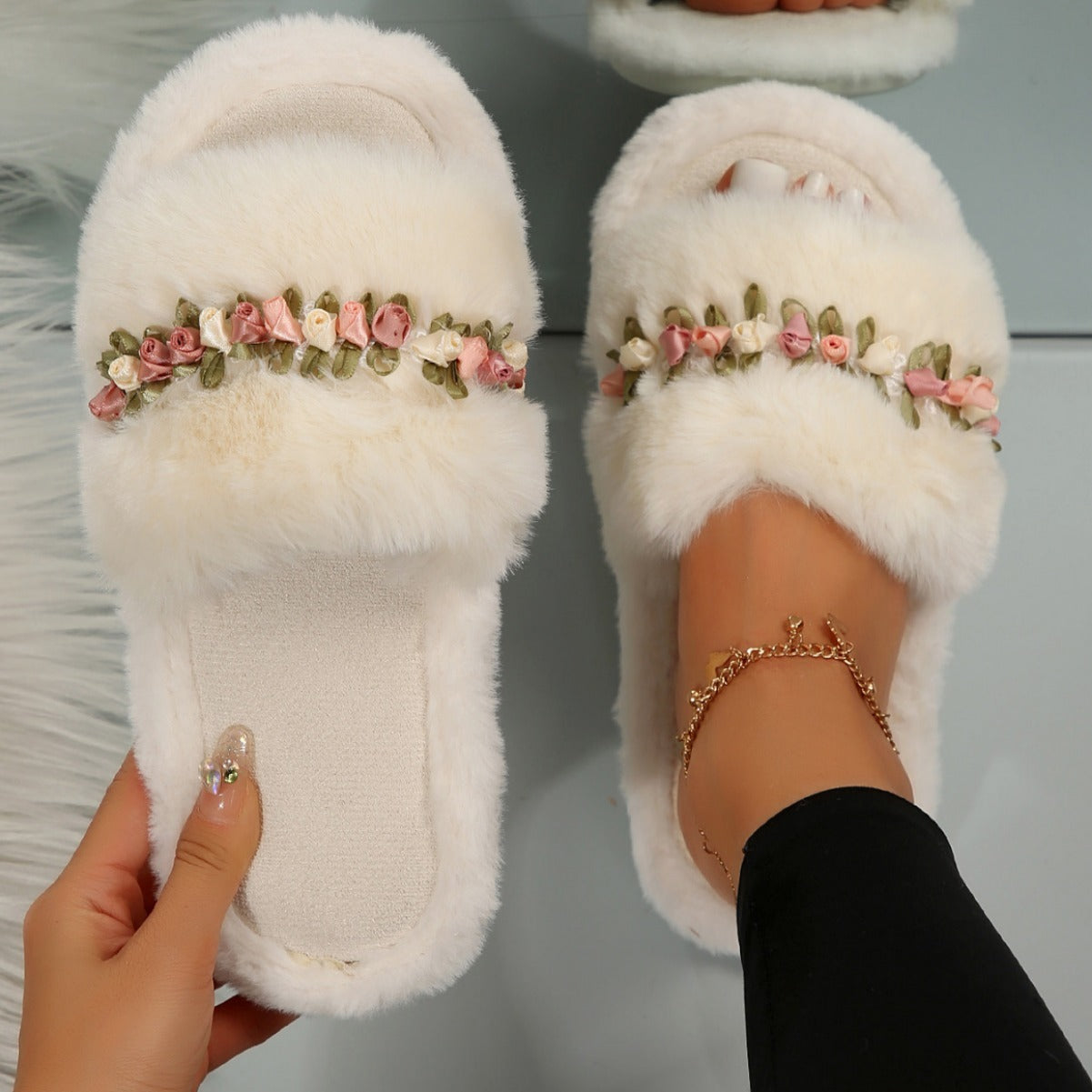Flower Fluffy Slippers - Soft Cotton Home Footwear
