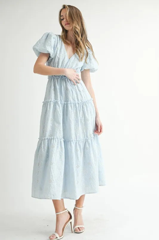 Elegant Eyelet Lace Puff Sleeve Midi Dress for Women