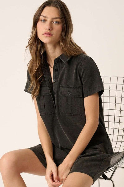 Robe Chemise à Manches Courtes avec Détails de Bouton et Col