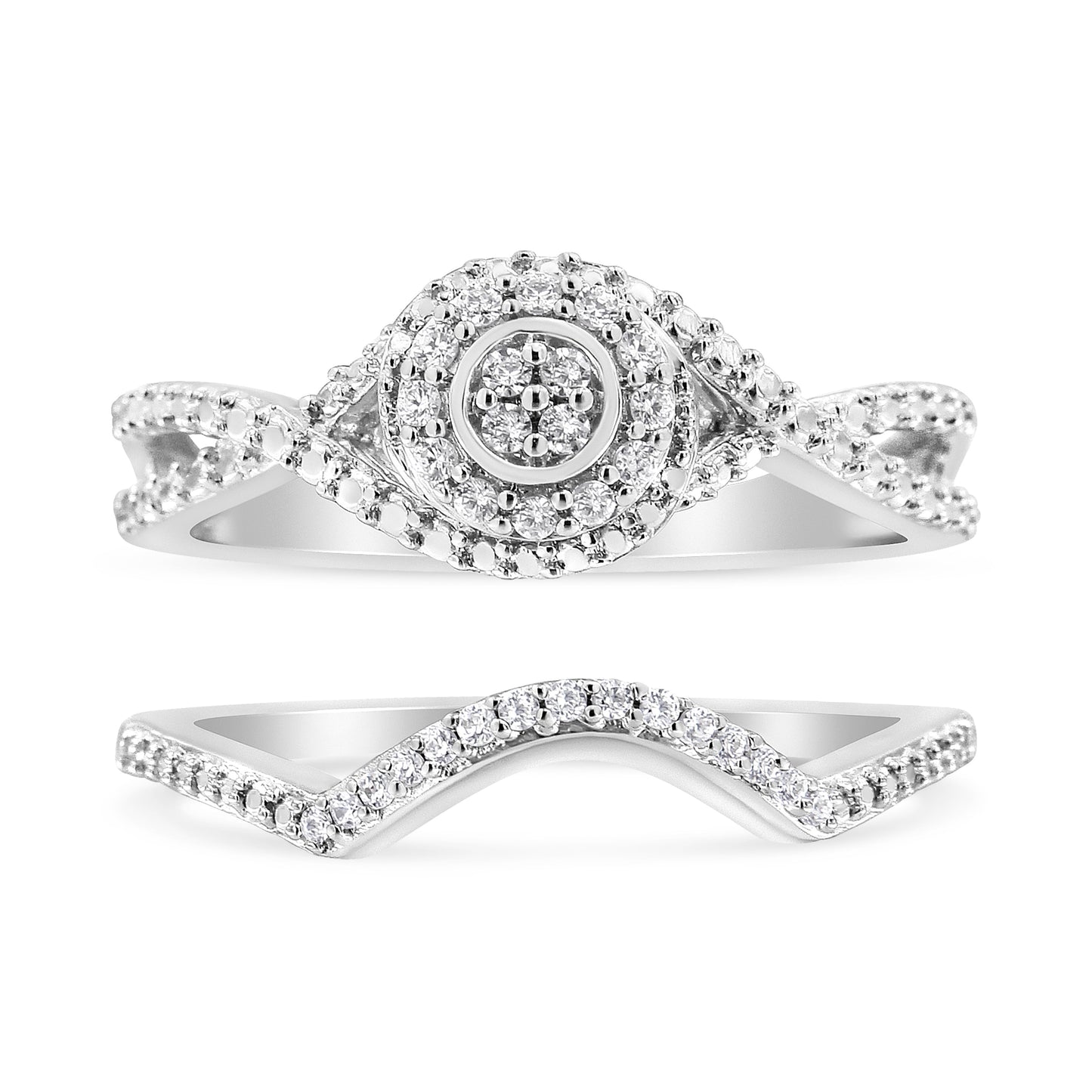 Anillo de Conjunto de Boda con Halo de Diamantes de Plata Esterlina .925 - Talla 7