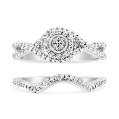 .925 Sterling Silver Diamond Halo Bridal Set Ring - Size 7