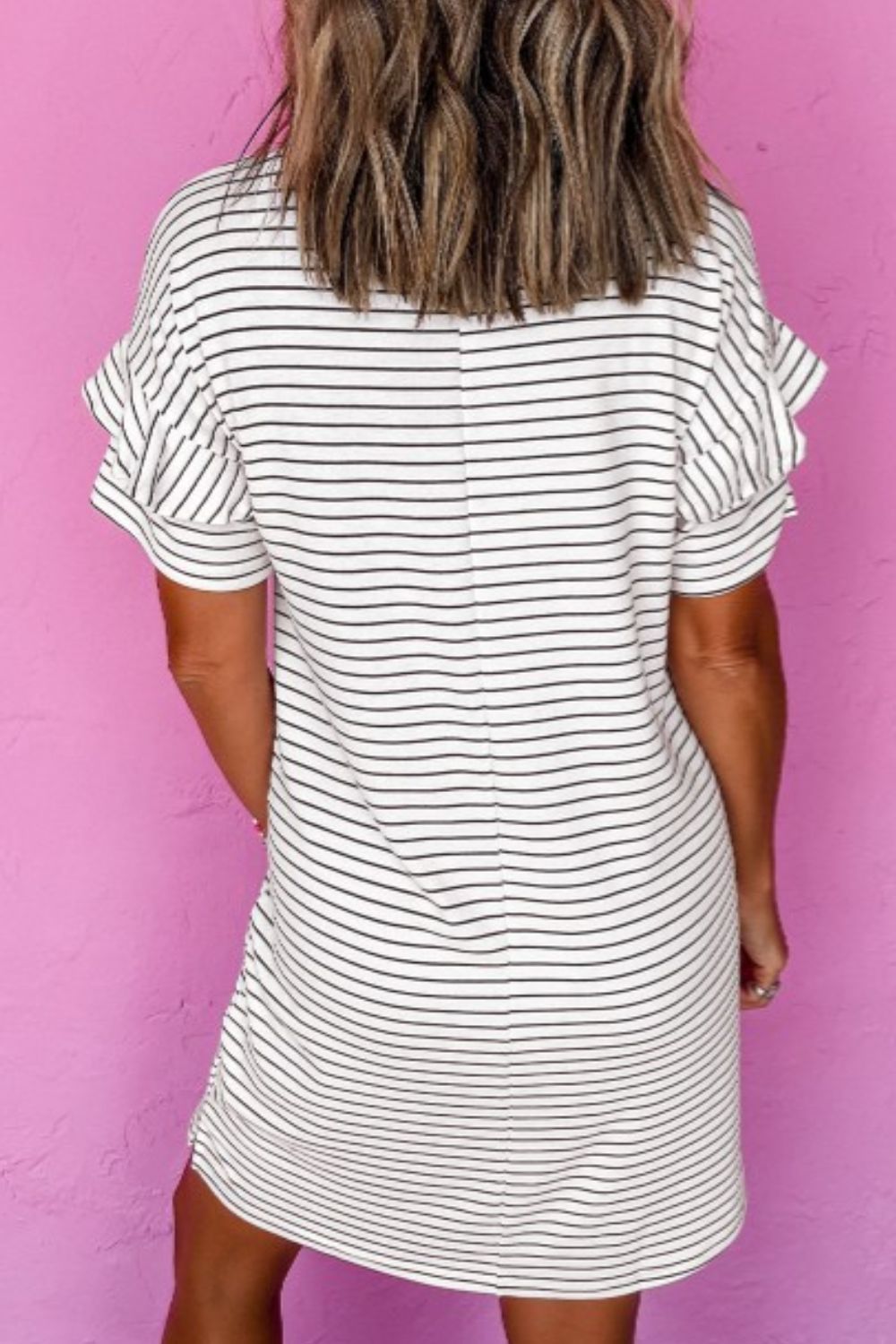 White Striped Round Neck Short Sleeve Mini Dress Casual & Playful Everyday Look Dress - Korvel