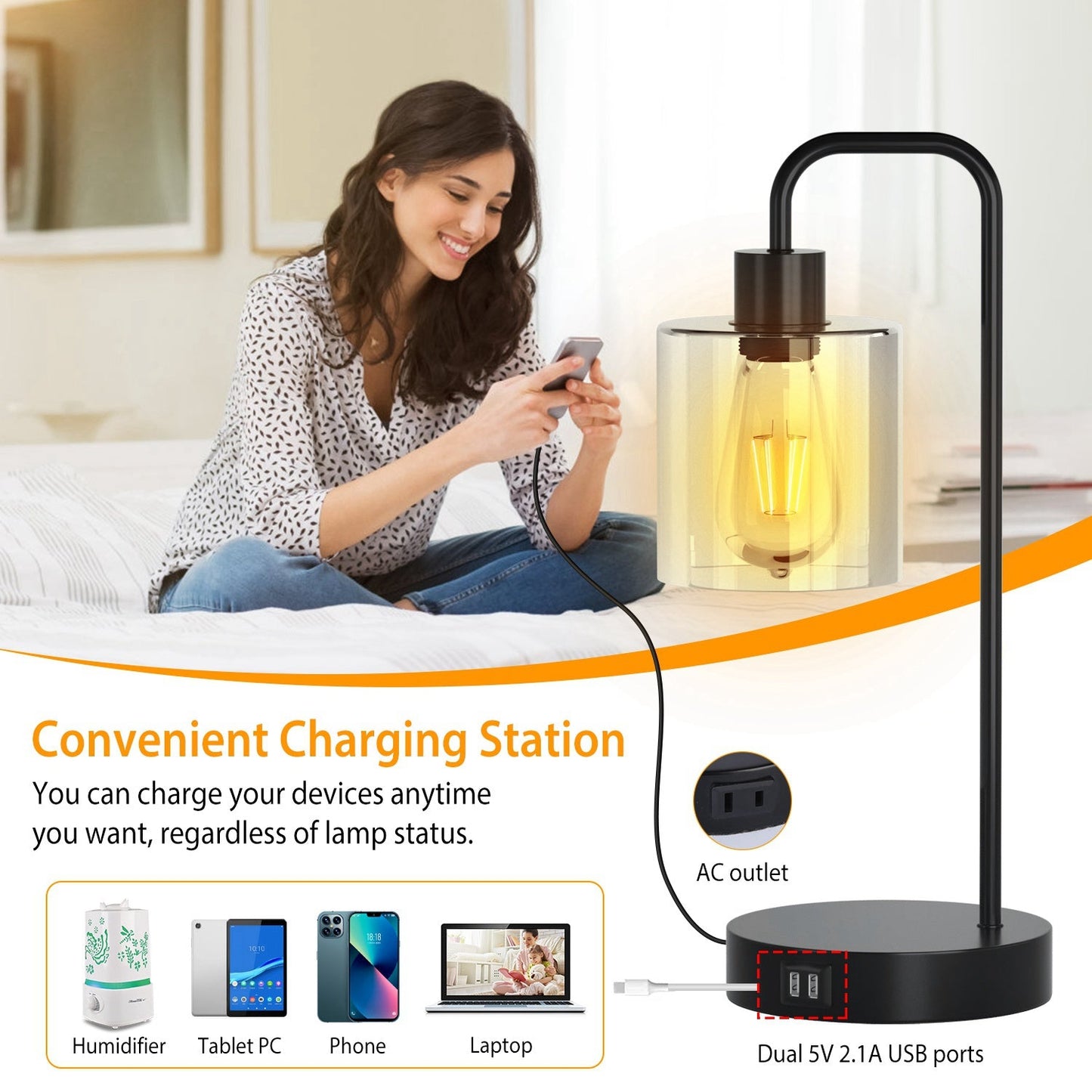 2-Pack Touch Control Table Lamp with USB Ports and Glass Shade