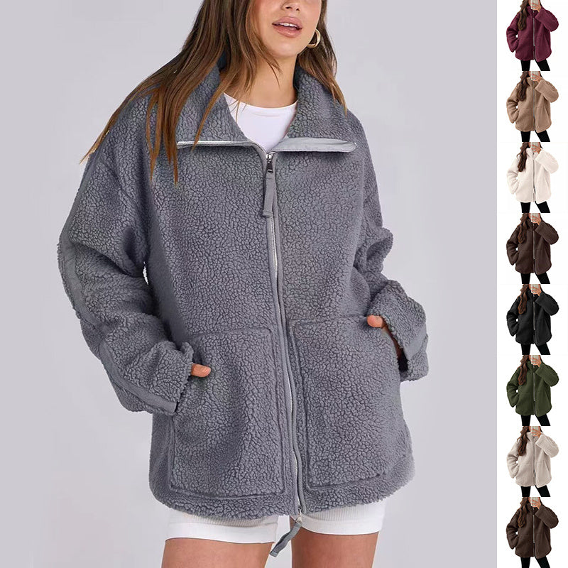 Manteau élégant d'hiver à col avec fermeture éclair et poches