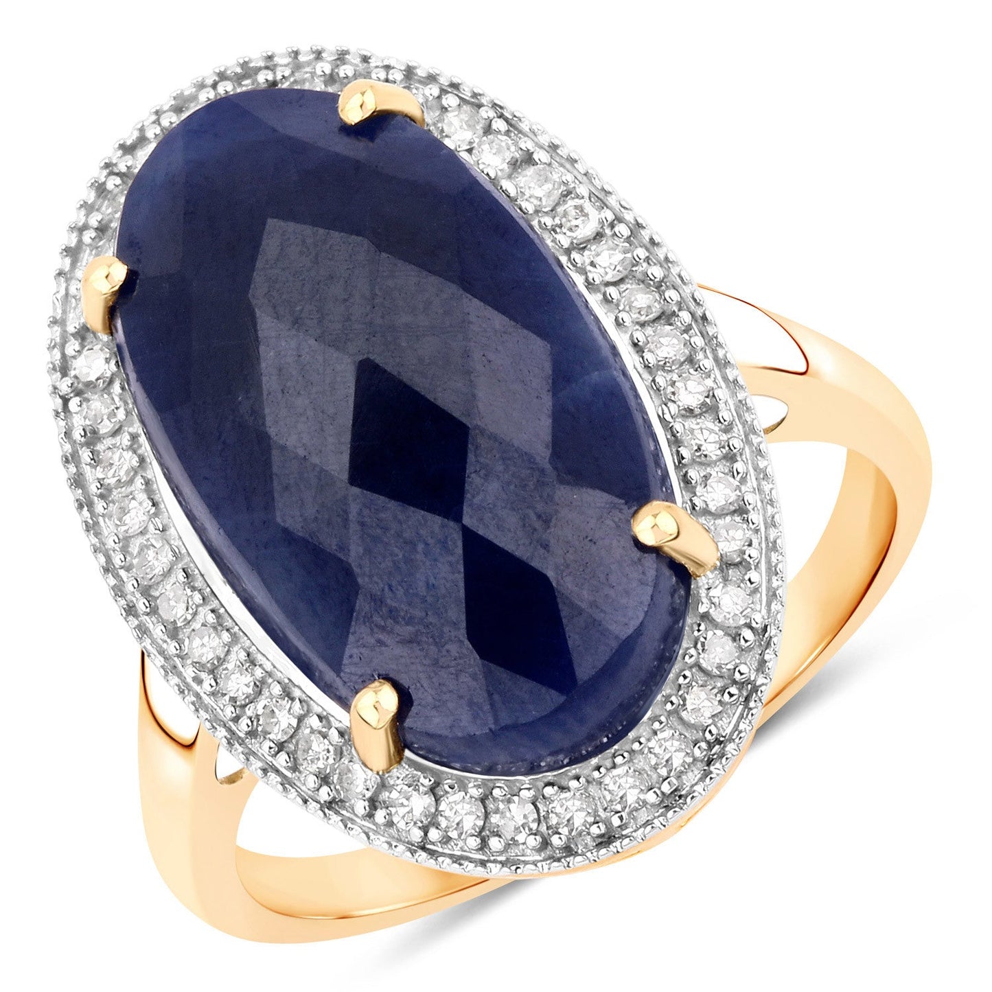 Bague en or jaune 14K avec saphir bleu de 10,21 carats et diamants blancs