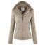 Women's Detachable Lapel Long Sleeve Solid Color Zipper Leather Jacket Coat - Korvel