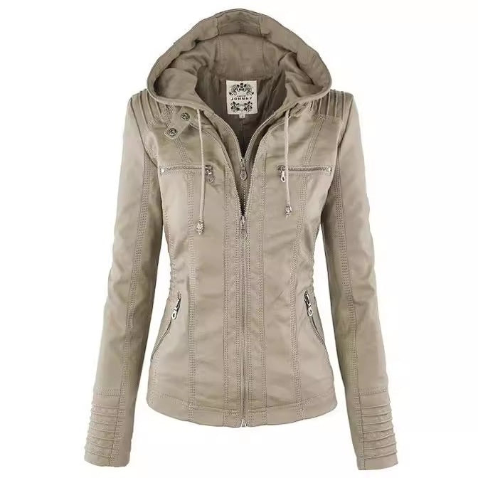 Women's Detachable Lapel Long Sleeve Solid Color Zipper Leather Jacket Coat - Korvel