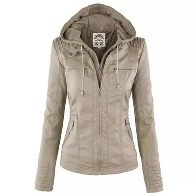 Women's Detachable Lapel Long Sleeve Solid Color Zipper Leather Jacket Coat - Korvel