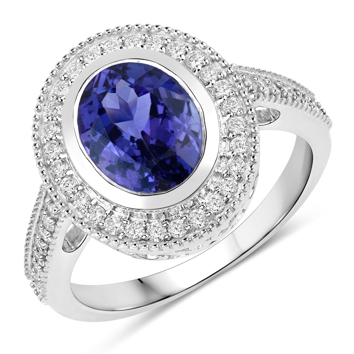 2.94 Carat Genuine Tanzanite and White Diamond Ring in 14K White Gold