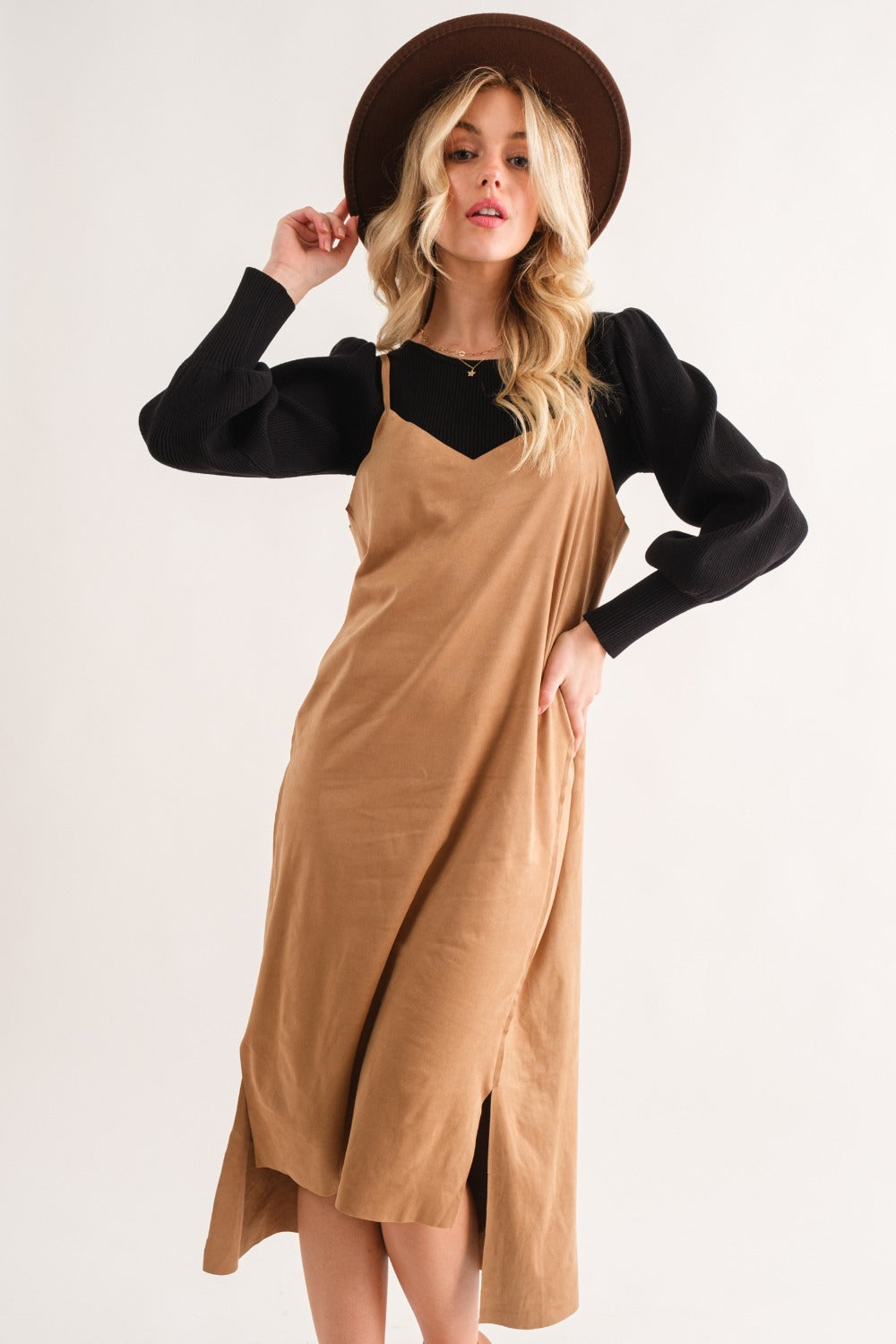 Chic Faux Suede Slit Midi Dress – Elegant Cami Dress for Every Occasion - Korvel
