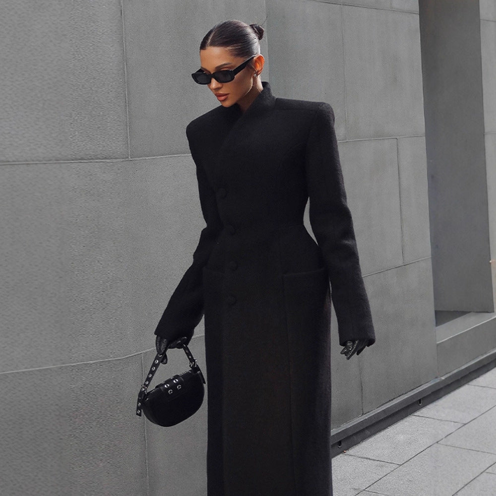 Temperament Shoulder-Padded Waist-Cinching Wool Coat for Women