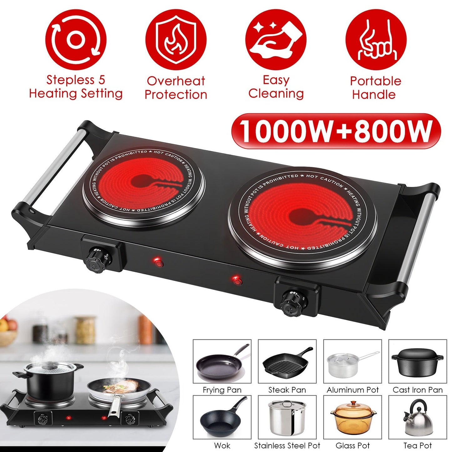 Placa Calentadora Portátil Doble de 1800W