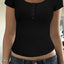 Ribbed Button Detail Round Neck Short Sleeve T-Shirt