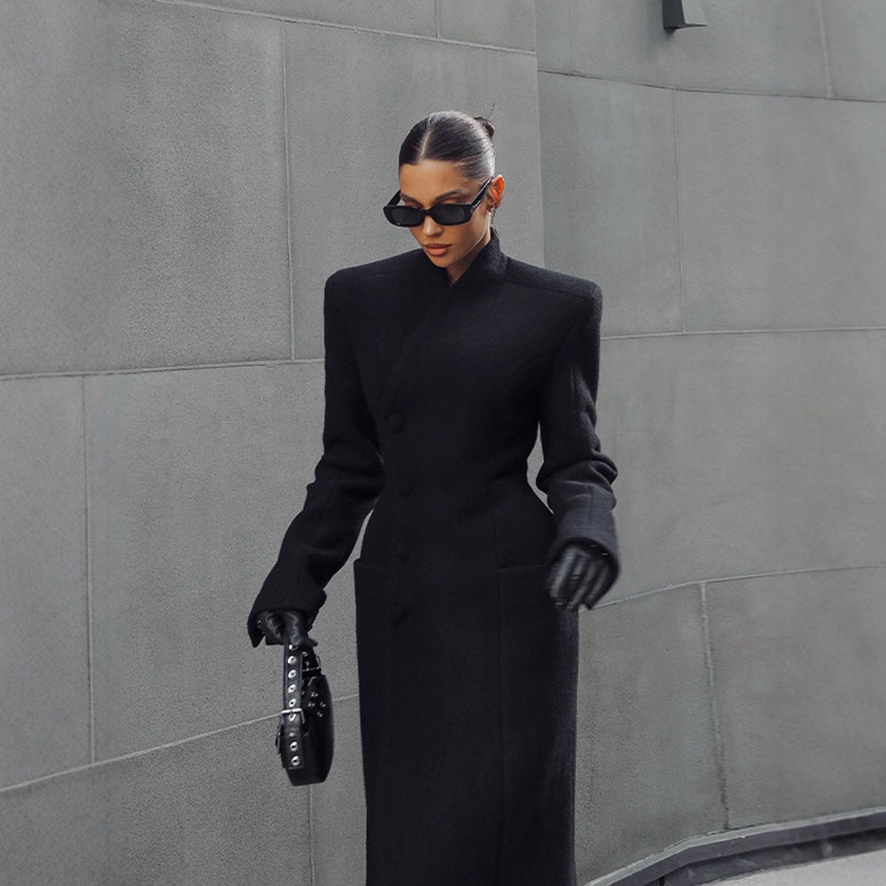 Temperament Shoulder-Padded Waist-Cinching Wool Coat for Women