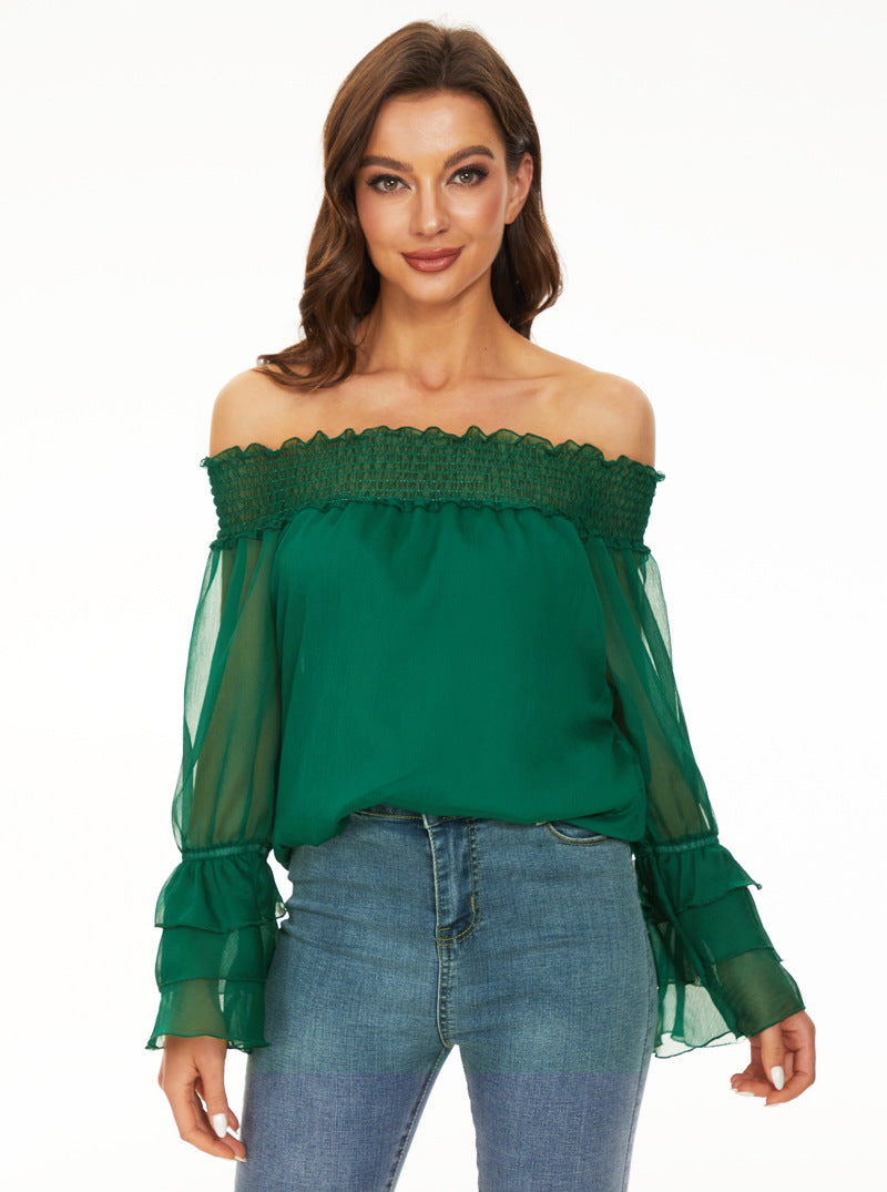Blouse en Chiffon Élégante à Manches Longues et Épaules Dégagées avec Pois