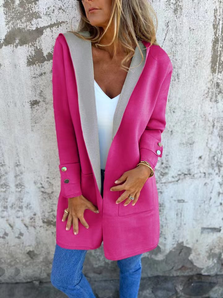 Manteau Cardigan Contrast Élégant pour Femmes avec Capuche