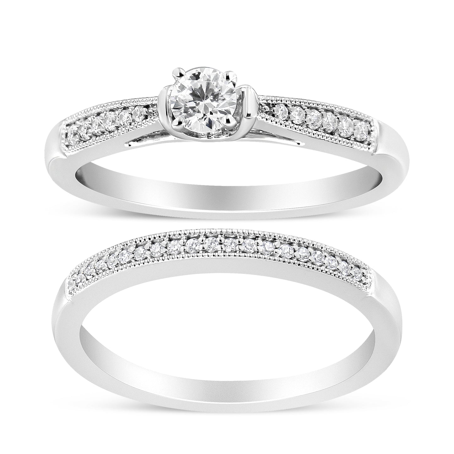 Ensemble de Bague de Fiançailles en Argent Sterling .925 avec Diamant - Taille 7