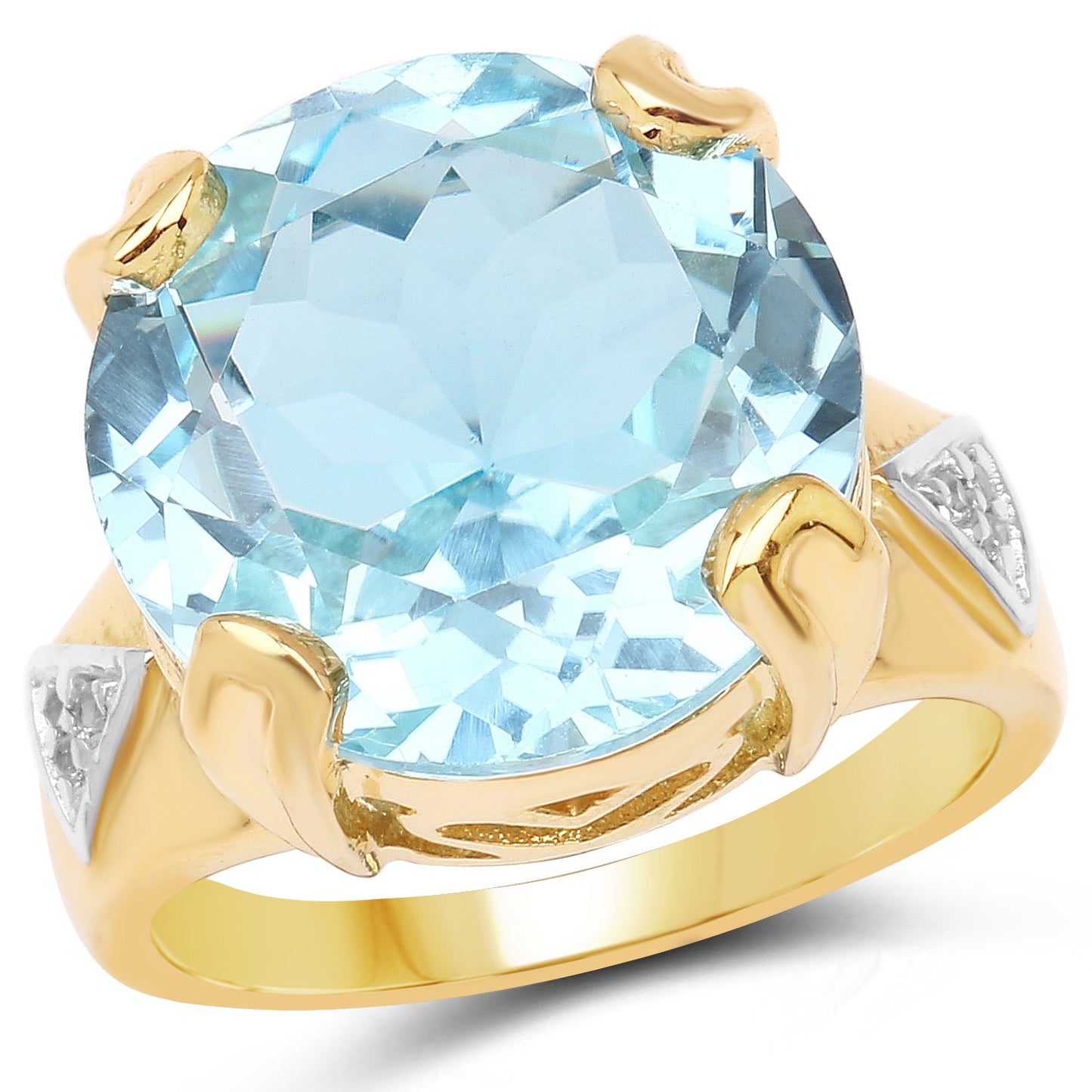 Anillo de Topacio Azul y Topacio Blanco Bañado en Oro Amarillo de 14K